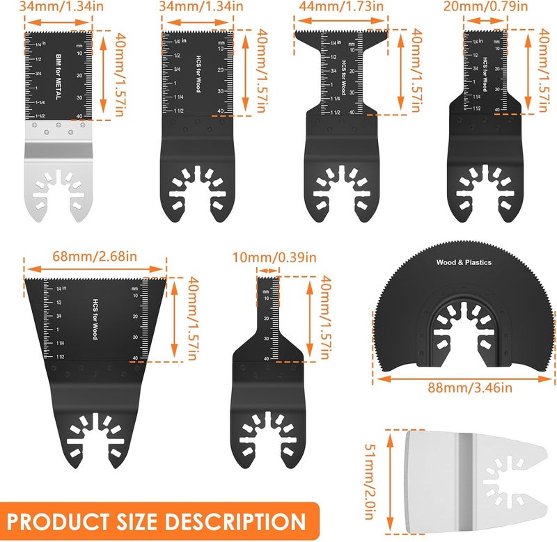Abizarch 8Pcs Oscillating Saw Tool Blades Set Bi-metal Stainless Steel Multitool Blades Kit Quick Release Oscillating Blades Precise Cutting Saw Blades with 3 Gaskets for Wood Plastic Cutting(8pcs) - Image 5